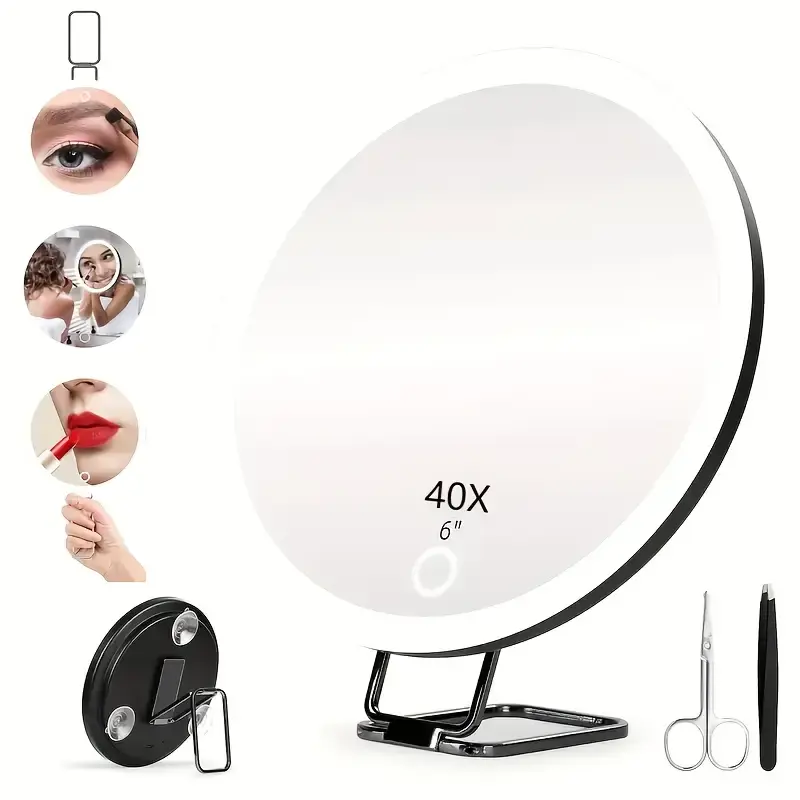 1x 40X Magnifying Mirror with Light, Adjustable Color Lighting, Includes 3 Suction Cups, Stand & Clips, Perfect for Makeup Vanit