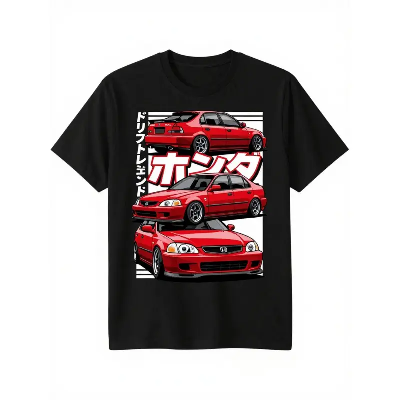 Unisex Japanese JDM Modified Car T-Shirt - 100% cotton vintage drift racing themed T-shirt, featuring JDM logo and car print, unisex casual car apparel in sizes S-XXXL, suitable for all seasons, ideal for car events, drift races, and JDM enthusiasts