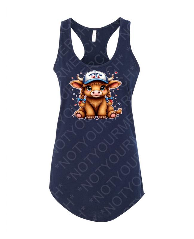 American Girl Highland Cow Tank – Cute Patriotic Animal Top