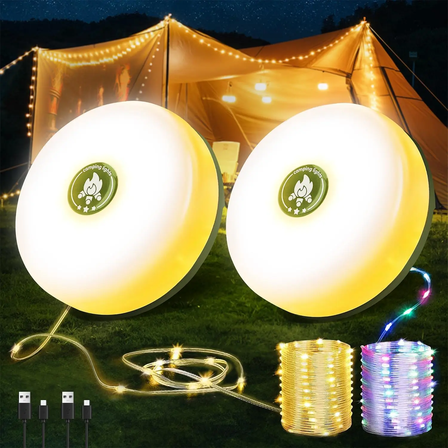 2-Pack Camping String Lights | Rechargeable 4 in 1 Quick Storage 32.8FT Tent Lights with 8 Modes | Hanging Waterproof LED Lamp for Outdoor Patio Garden Party | Christmas Holiday Decor - Camping Gear