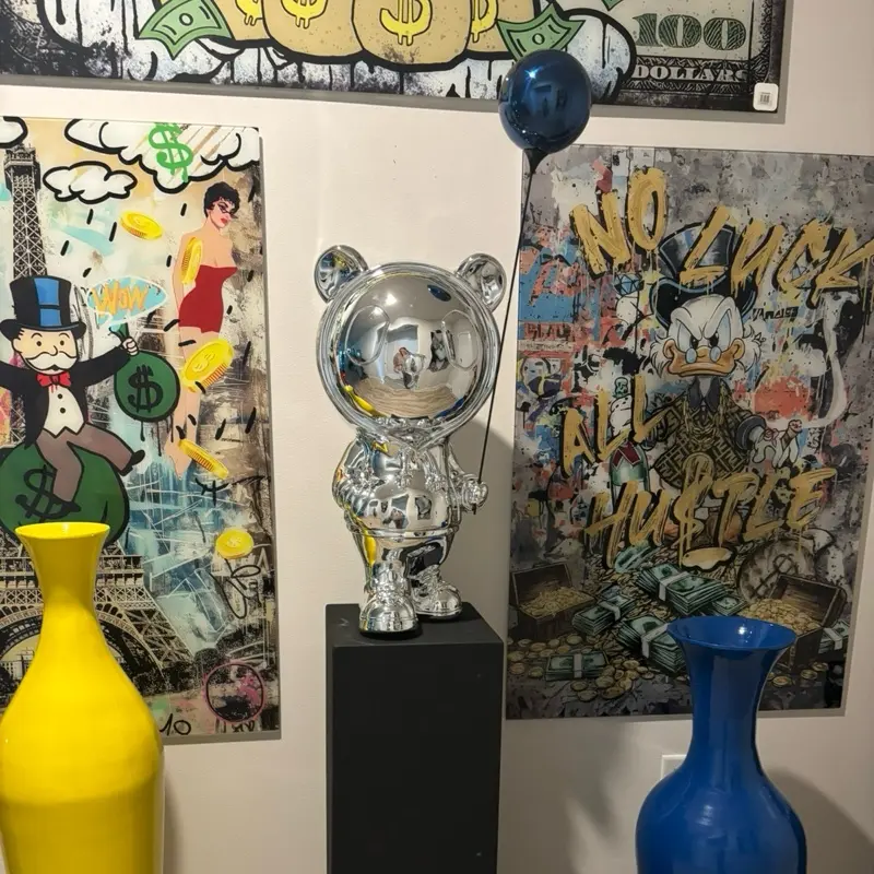 Large Chrome bear with blue balloon sculpture 34” modern minimalist decor pop art