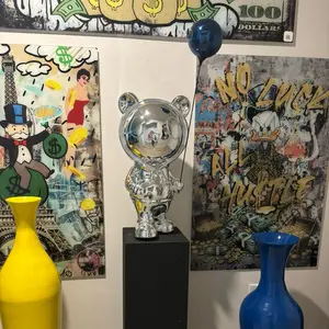 Large Chrome bear with blue balloon sculpture 34” modern minimalist decor pop art