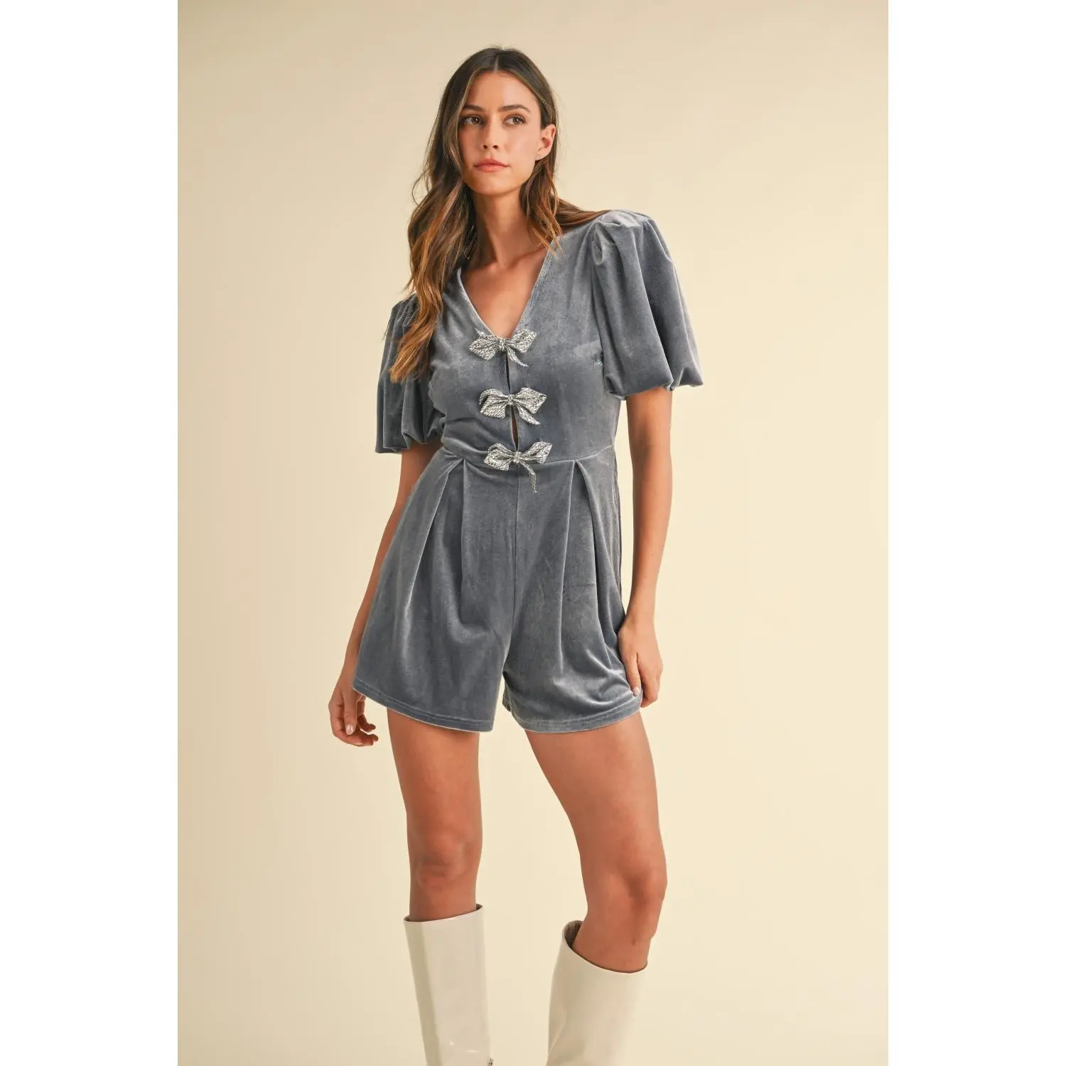 Mable Jewel Bow Decor Puff Sleeve Velvet Romper