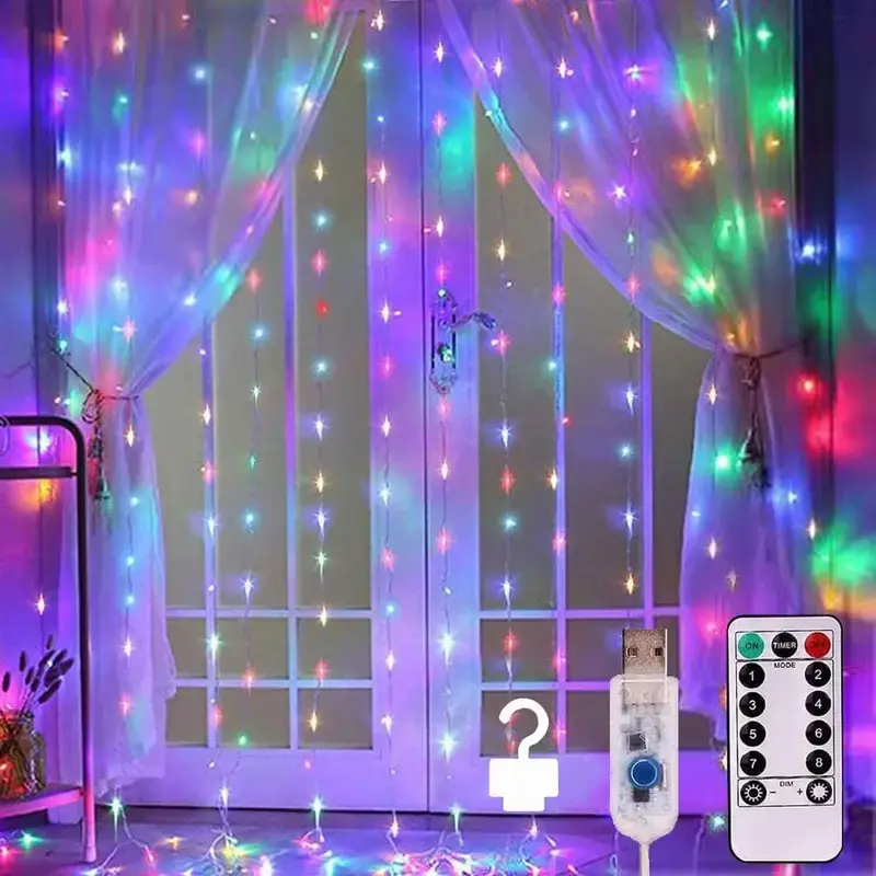 USB Curtain Lights, String Lights Bedroom, 300 LED 9.8x9.8Ft Twinkle String Light Decorations for Window Wedding Bedroom Wall Party Backdrop, Cute Home Indoor Outdoor Decor String Light Remote Control Smartphones