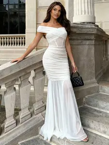 CurvySweet Women’s Convertible Off The Shoulder Maxi Dress Built-in Bra Bodycon Ruched Mesh Formal Evening Dresses for Women