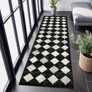 Moroccan Trellis Runner Rug - 2x8 Black Hallway Runner Rug with Rubber Backing, Checkered Kitchen Non Skid Carpet Runners Washable Indoor Mat for Camper Entryway Bathroom Hardwood Floor