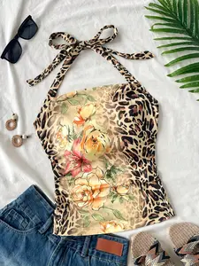 Women's Summer Beach Style Halter Top, Leopard Print Floral Embroidery Sleeveless Fit Blouse, Fashionable Casual Wear for Young Women, Boho Sleeveless Top