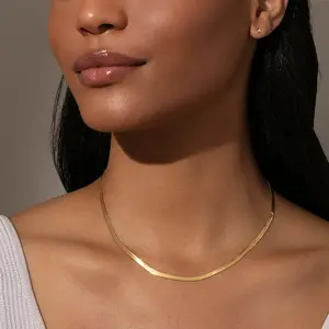 [LeBijouLab] Golden Stainless Steel Snake Necklace for Women, Golden Herringbone Chain Necklaces for Daily Wear