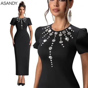 ASANDY Black Rhinestone Star Embellished Puff Sleeve Midi Dress Fitted Elegant for Wedding Guest Evening Brunch Date Night Special Occasions