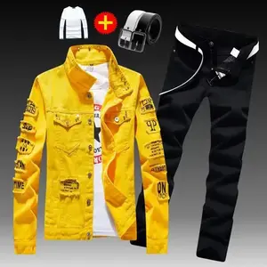 Spring Autumn Mens Denim Jacket + Jeans Pants Set Fashion Single Breasted Coat Trousers Two Piece Denim suit Clothes Fabric
