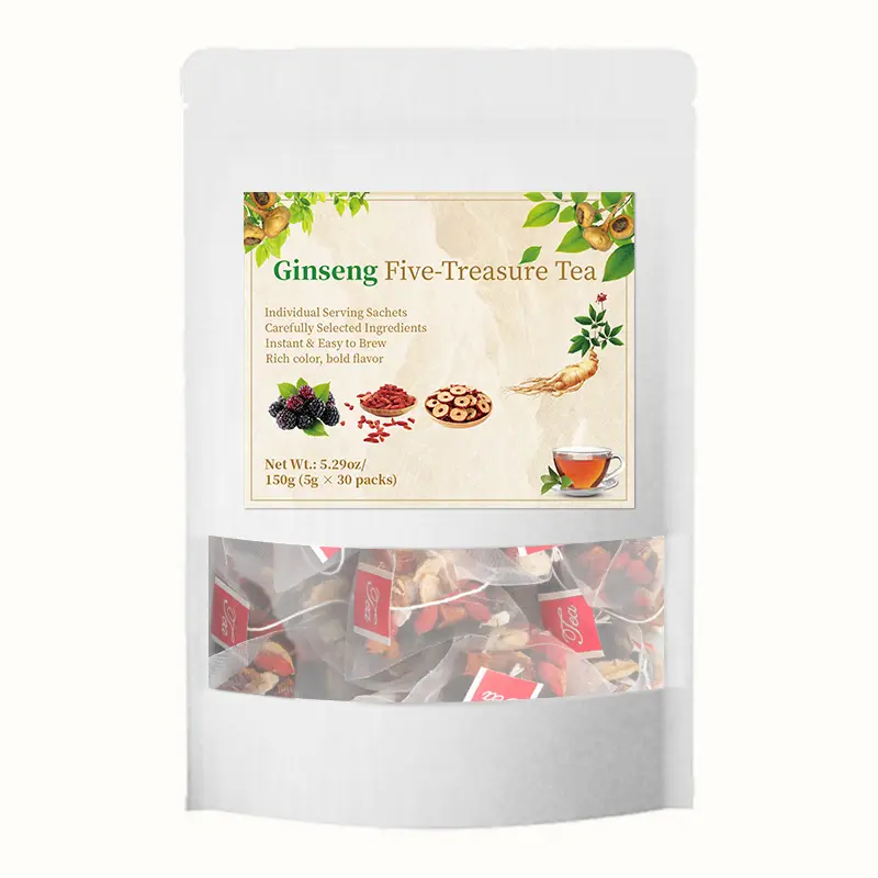 Organic Ginseng 5-Treasure Vital Herbal Beverage - Kidney Health Tea, Natural Detox Cleanse Formula with Ginseng, Red Date, Mulberry, Boxed Packs for Long-Term Support, Herbal Flavor for Adults