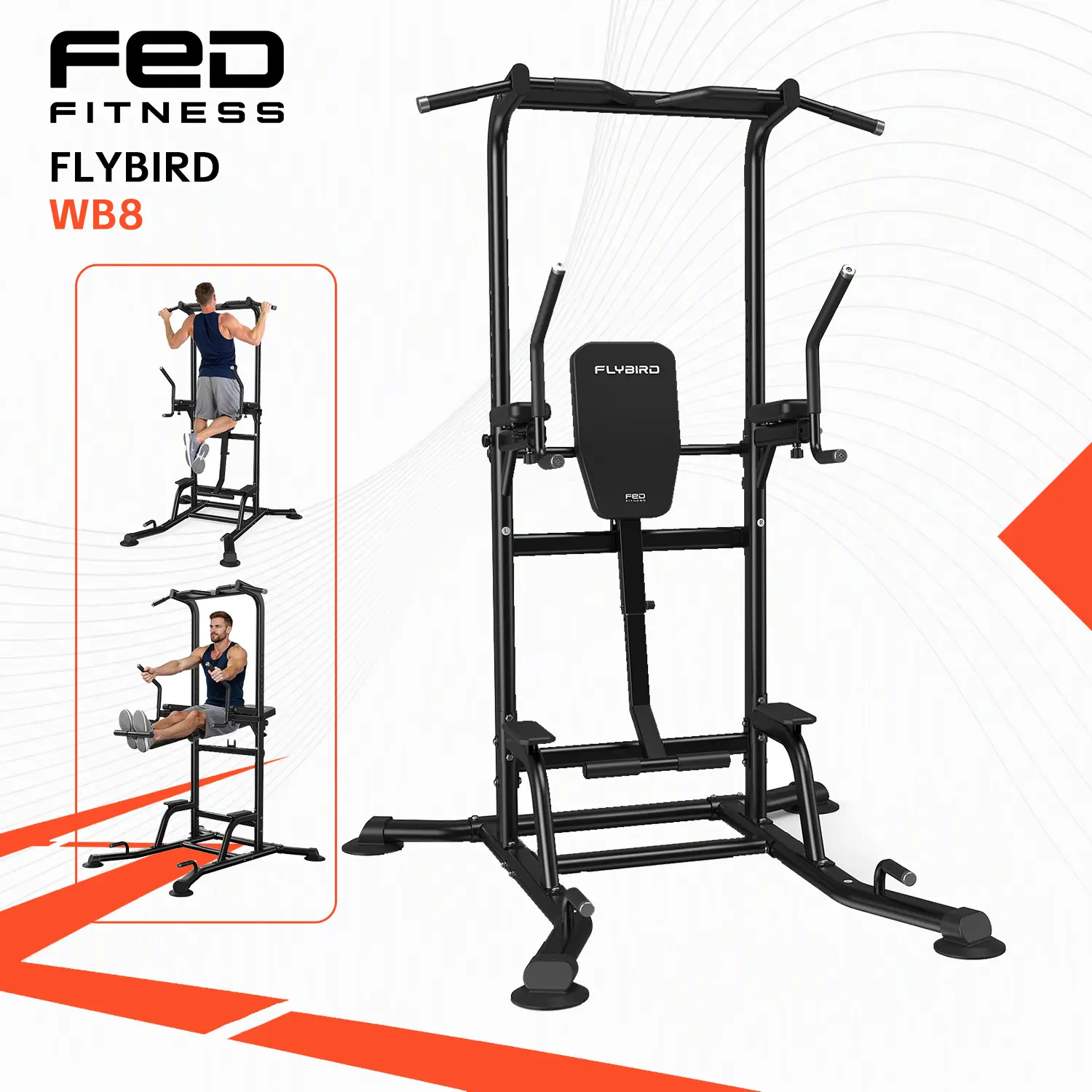 FLYBIRD Series PT6 Power Tower Workout Machine - FED Fitness Heavy-Duty Unisex Fitness Support Pull-Up Bars Station, Adjustable Height, Wide/Over/Neutral Grip, Dual Ab Trainer, 800 LBS Capacity for Home Gym Strength Training