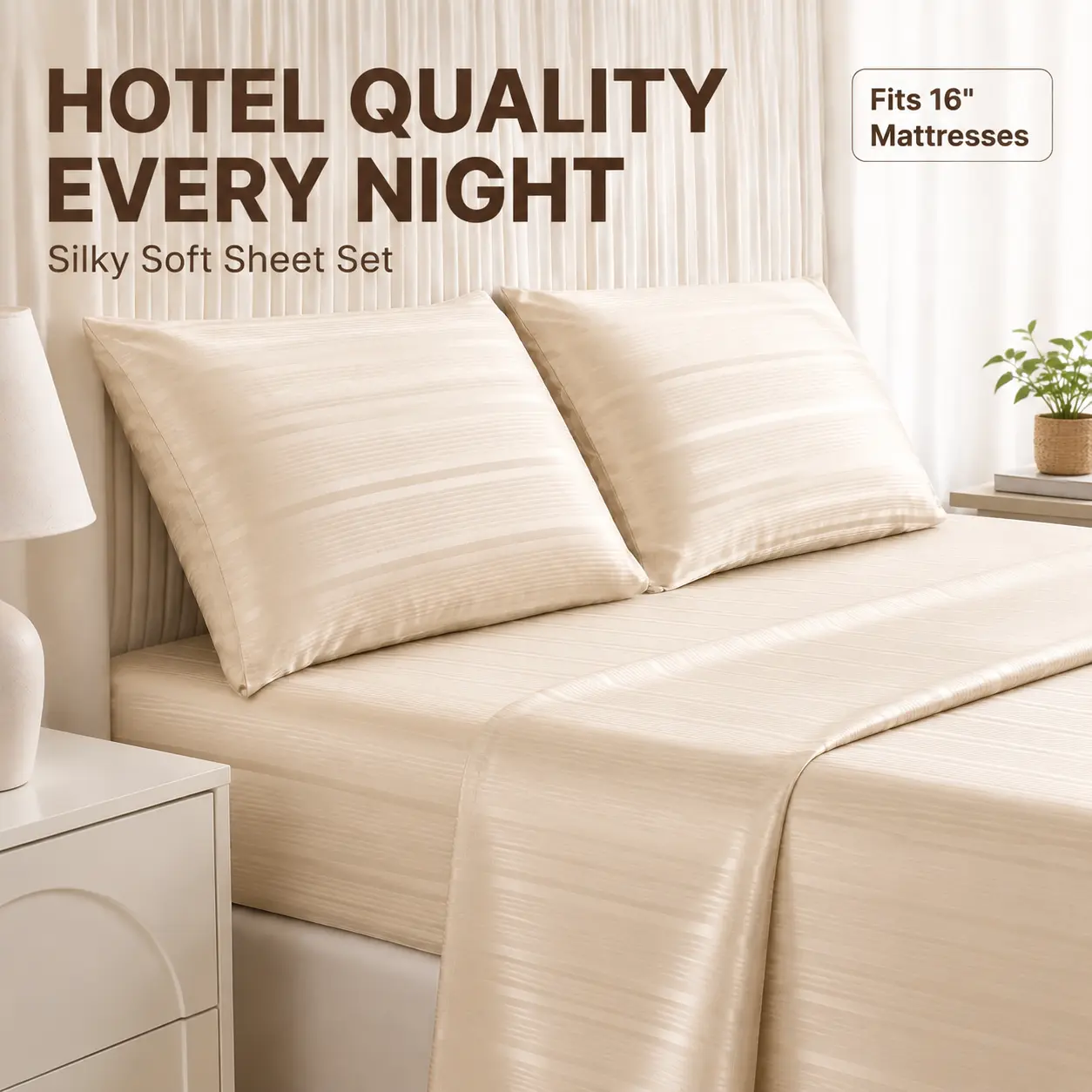 CANSUNCH Luxury Satin Jacquard Sheet Set, 4 Piece Hotel Quality Bedding, Deep Pocket Fitted Sheet Fits Mattresses Up to 16", Silky Soft & Wrinkle Resistant