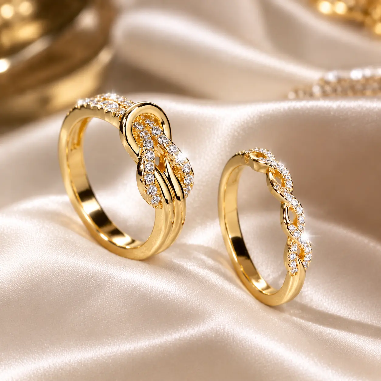 2-Piece Gold Love Knot Ring Set, CZ Double Knot Rings, Elegant Stylish Jewelry Gift for Anniversary and Special Occasions