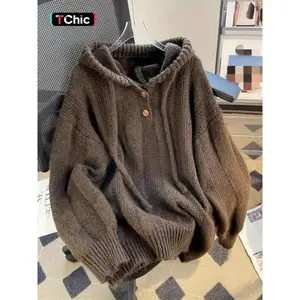 Women's Oversized Hooded Button Up Drawstring Long Sleeve Pullover Sweater Autumn/Winter Casual Solid Color Warm Thick Chunky Cozy Soft Jumper Sweater Top, Women Fall Outfit, Winter Sweater for Women, Garment