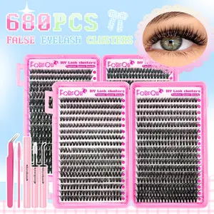 Self-Adhesive False Eyelash Cluster Set, DIY Eyelash Extensions, Includes 680 Lashes, Glue, Tweezers, Brush, 3D Fluffy Striped Short Curl, DIY Beginner Friendly