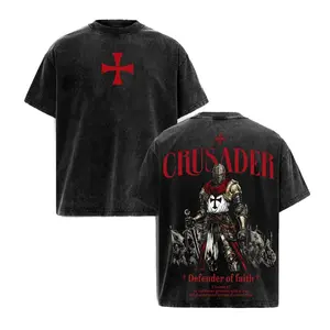 Men's Crusader Defender of Faith Oversized Cotton Short-Sleeve Tee - Round Neck, Heavyweight Washed Vintage Fabric, Christian Gothic Cross Print, Basic Menswear Top, Streetwear Pump Cover