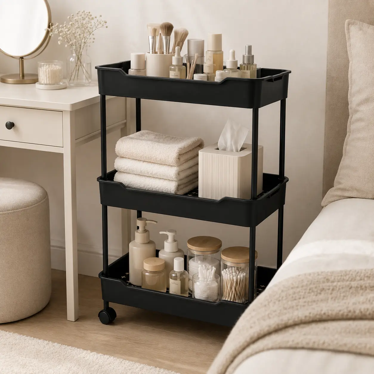 3 & 4 Tier Rolling Storage Cart with Wheels Freestanding Multi Layer Utility Organizer Cart Space Saving Shelving Unit for Bathroom Kitchen Bedroom Apartment Dorm Entryway