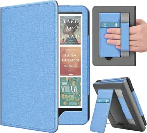 Stand Case for Kindle Paperwhite 12th Generation 2024 / Kindle Colorsoft Signature Edition with Hand Strap & Card Slot - 7" PU Leather Protective Folio Cover with Auto Wake/Sleep, Denim Blue