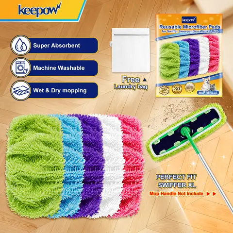 KEEPOW 2-Pack Reusable Microfiber Mopheads - Swiffer XL Dry/Wet Replacement Pads for Cleaning Mops, Extra Thick Heavy-Duty Machine Washable Accessories, 100+ Washes, Strong Elastic, Hard Floor Cleaning, Save Money Home Supplies