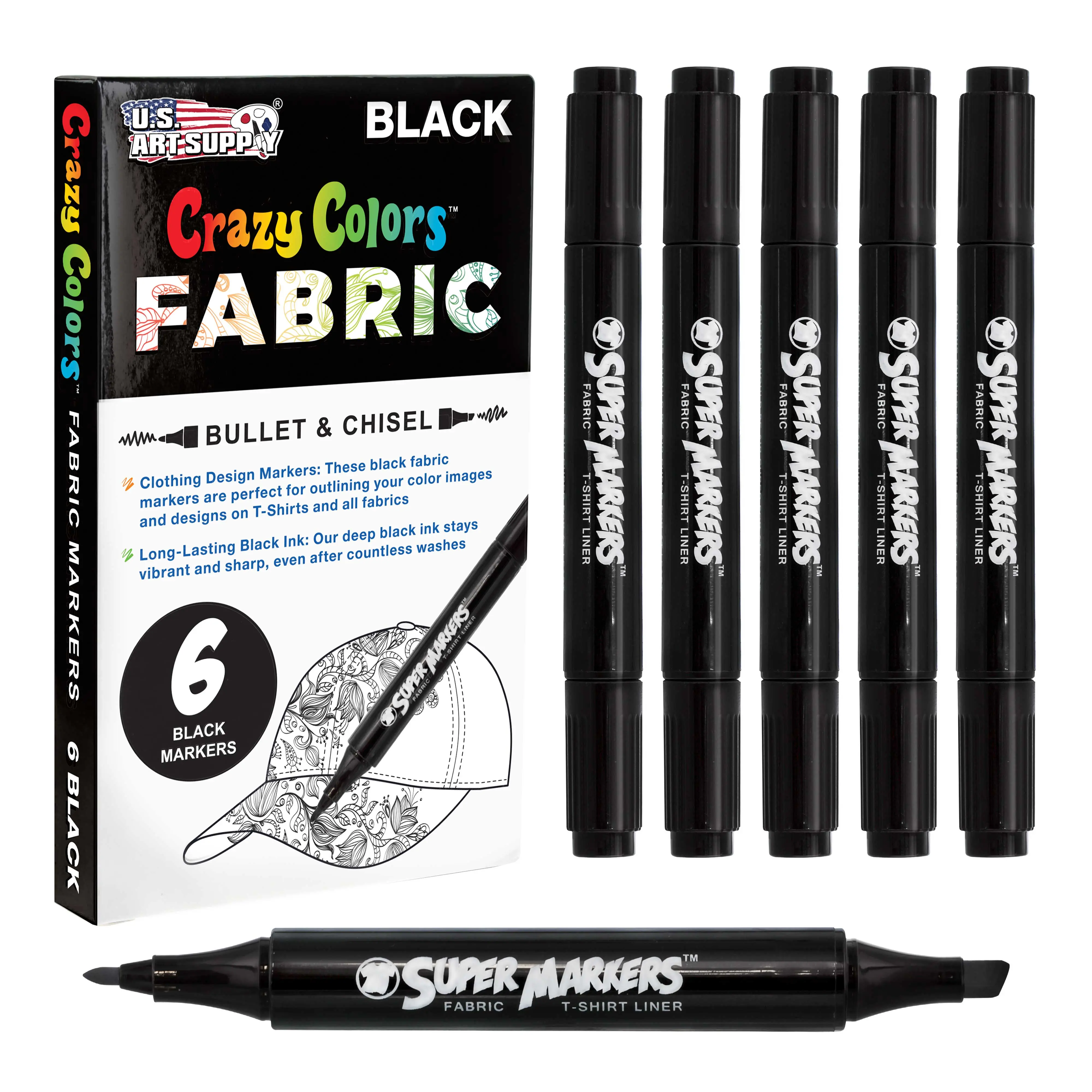 Super Markers Black Dual Tip Fabric Markers Permanent for Clothes - Set of 6 Fabric Pens with Permanent Ink, Double-Ended with Chisel Point and Fine Point Tips