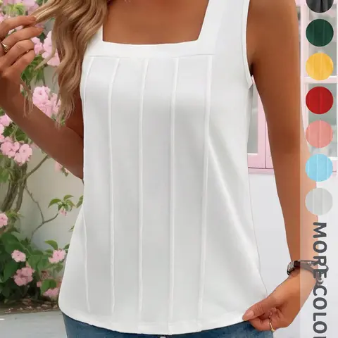 Summer New Women's Solid Color Sleeveless Square Neck Top, Elegant Fashion Commuter Simple High-End Shirt, Stylish Casual Wear, Chic Casual Sleeveless