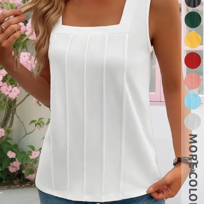 Summer New Women's Solid Color Sleeveless Square Neck Top, Elegant Fashion Commuter Simple High-End Shirt, Stylish Casual Wear, Chic Casual Sleeveless