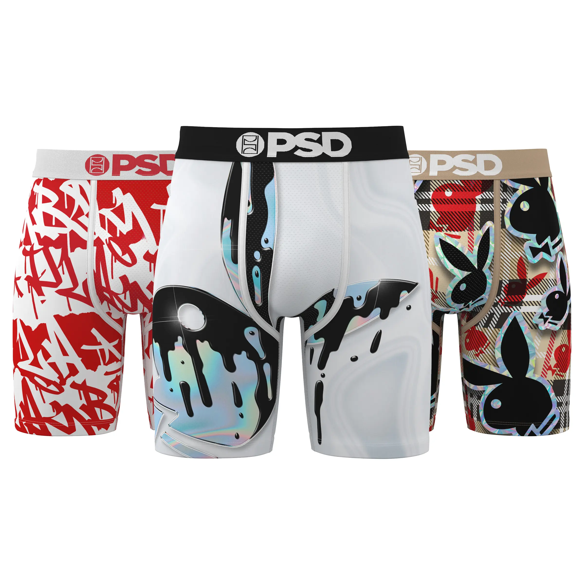 PSD Mens Playboy Boxer Brief 3 Pack - TikTok Exclusive Bundle - Standard Length 7 Inch Inseam, Soft and Breathable Poly Blend Fabric