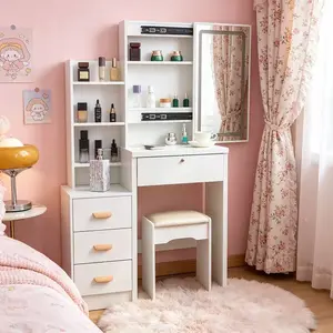 Luxury-luxurious atmosphere-inspired dressing table for girls' bedroom. New trendy makeup table with simple storage integrated into the dressing table and chair.