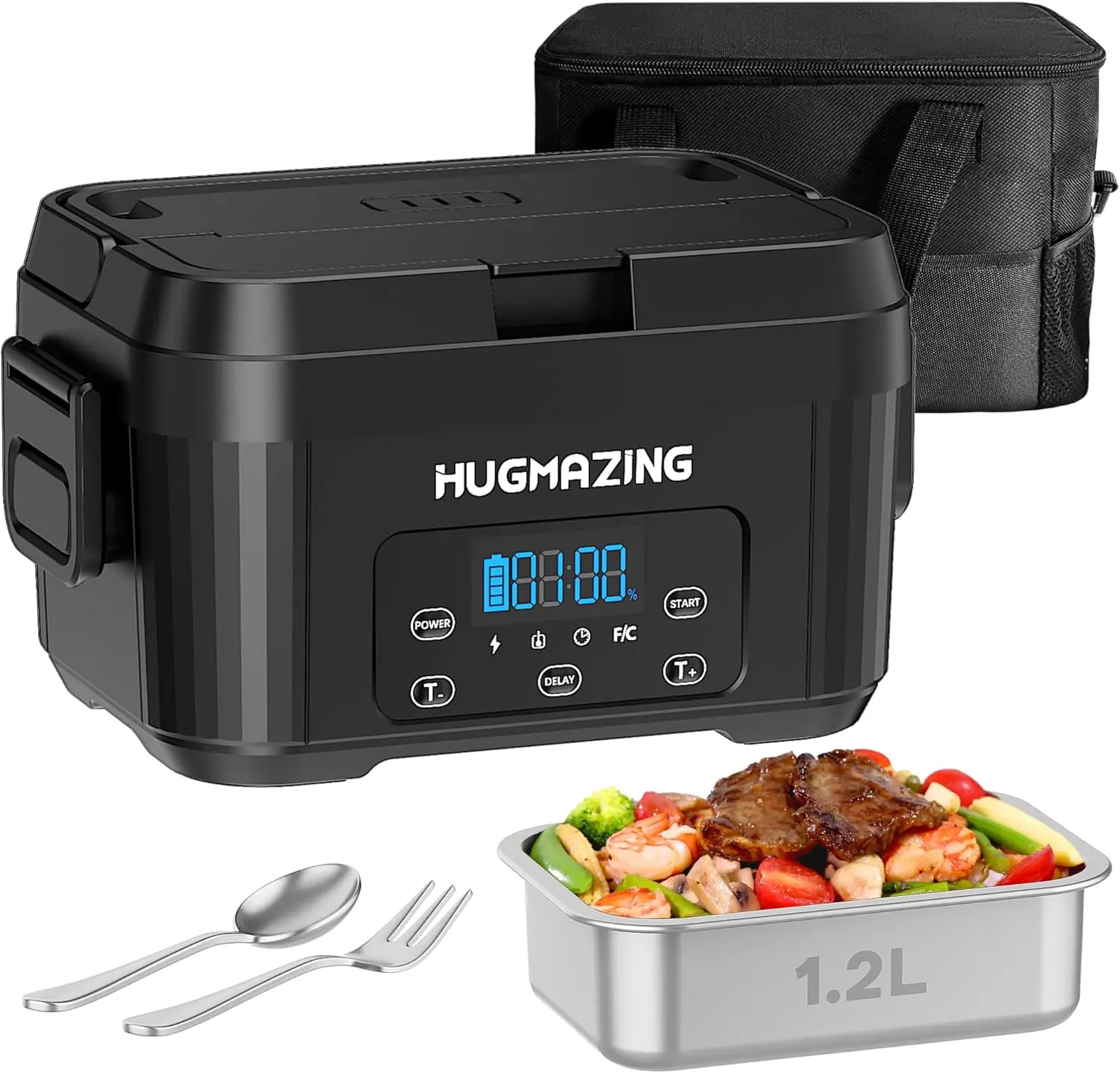 Hugmazing Cordless Electric Lunch Box for Adults - Rechargeable Portable Self-Heating Food Container Lunch Boxes with 1.2L SS Steel Container, Plastic Lid with Handle, Battery-Powered Fork & Spoon, Ideal for Work, Travel