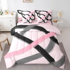Pink Grey Black Stripes Comforter Set with Sheets Kids 7 Pieces Geometric Modern Abstract Art Bedding Set for Boys Girls Teens Luxury Geometric Line Bed in a Bag Room Decor
