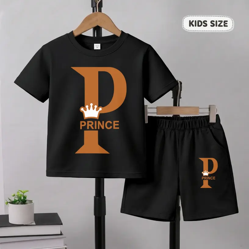 Boys' Street Style Prince Graphic Print Short Sleeve T-Shirt and Shorts Set, Casual Kids Summer Outfit, Comfortable Crew Neck Two-Piece Set for Daily Wear, Outdoor Activities and Play