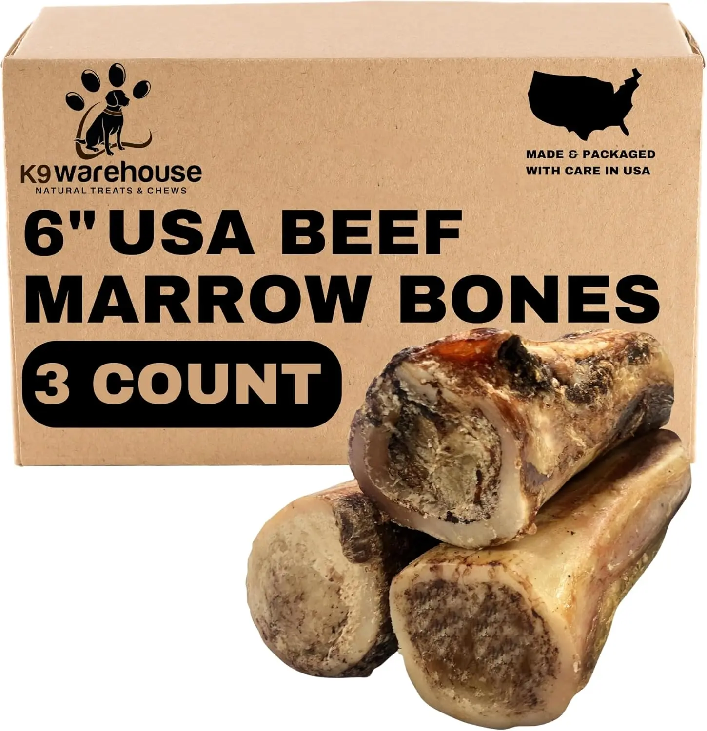 K9warehouse Beef Marrow Bones for Dogs – 3 Pack | Natural, Odor-Free, Long-Lasting Dog Chews for Aggressive Chewers, Supports Dental Health