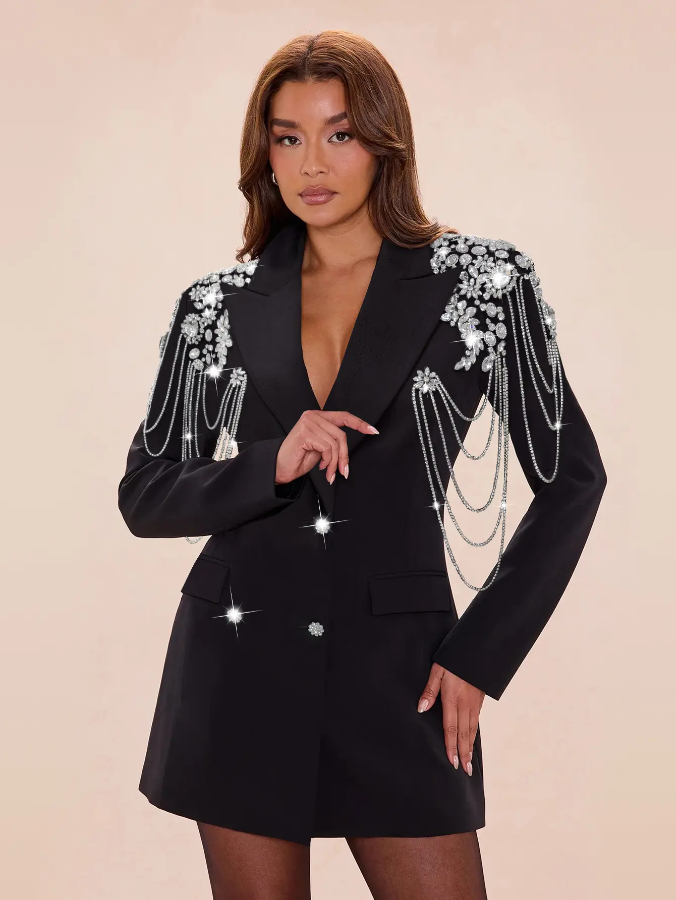 ASANDY Black Oversized Blazer Dress Double-breasted party mini blazer dress for women, embellished with rhinestone crystals and tassel chains at the shoulders tiktokshopspringglowup,summervibes - TikTok Shop ASANDY Black Oversized Blazer Dress Double-breasted party mini blazer dress for women, embellished with rhinestone crystals and tassel chains at the shoulders tiktokshopspringglowup,summervibes - TikTok Shop