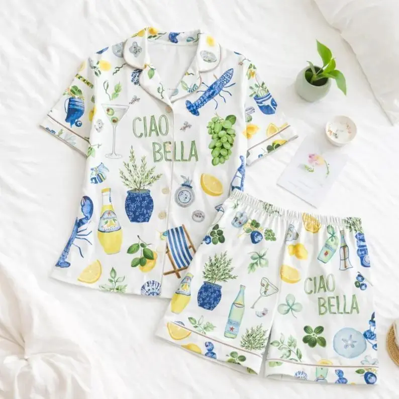 Ciao Bella Italian Print Womens Pajama Set Summer Loose Comfy Short Sleeve Sleepwear Lemon Lobster Amalfi Coast Aesthetic Casual Night 2 Piece PJ Set Gift