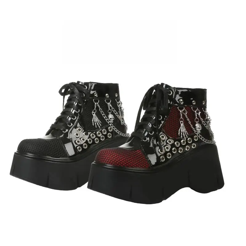 Women's Black Gothic Boots Ankle Boots Round Toe Punk Boots Mesh Lace Up Boots Chunky Heel Platform Boots Girl Walking Shoes boots for fall wide calf boots