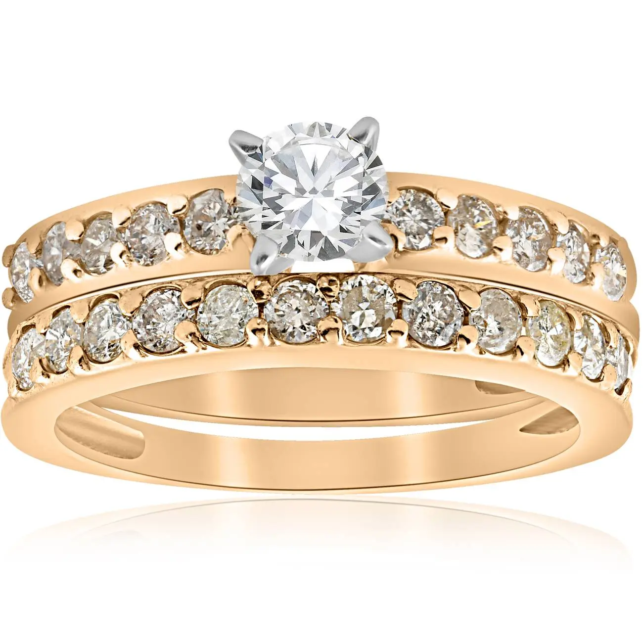 14k Yellow Gold 1 Carat Diamond Engagement Ring Matching Wedding Band Set