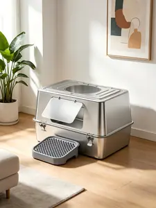 Anti-Odor Stainless Steel Cat Litter Box Enclosed, litter box with top exit,litter box with tracking mat,easy clean litter box,hooded metal litter box,Large Metal Kitty Litter Pan with Top Exit & Clear Door, Easy Clean Odor Control for Multi Cats