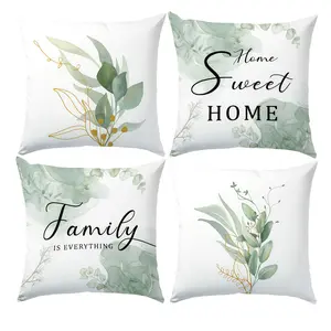 4pcs Green Watercolor Plant Sweet Home Throw Pillow Covers, Machine Washable, Zipper Closure, Contemporary Style for Living Room and Bedroom, Single Sided Printing, No Pillow Core, Decoration