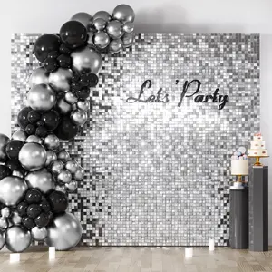 24PCS Silver Shimmer Wall Backdrop Panels 12x12 Square Sequins on Transparent Grid Easy to Install Reusable Photo Backdrop for Birthday Wedding Anniversary Engagement Disco Party Decorations