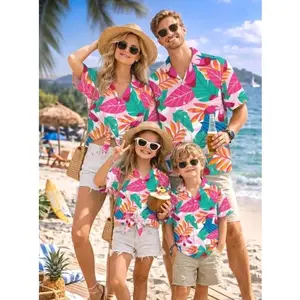 Vibrant Teal Tropical Hibiscus Palm Leaves Hawaiian Shirt, All-Season Family Matching Set, Retro Aloha Vacation Style, Lightweight Beach Luau Summer Outfits for Parents E7Q
