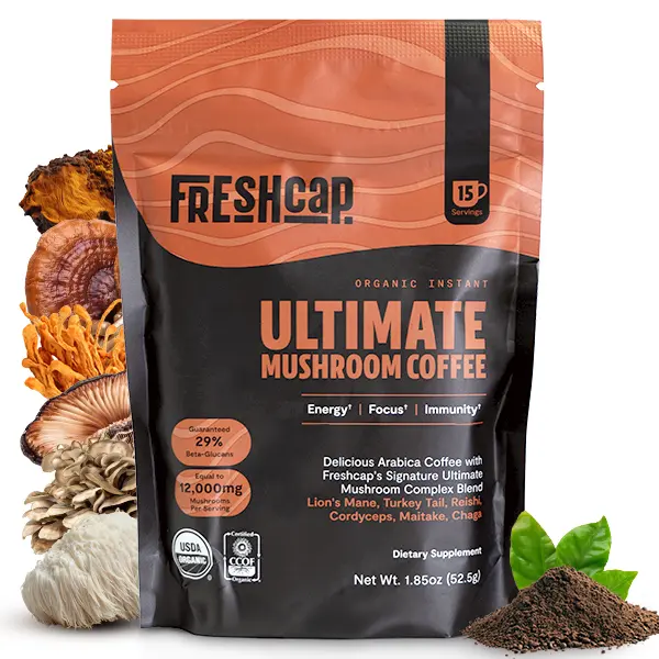FreshCap Mushrooms Coffee – Organic Instant Coffee with 6 Adaptogenic Mushrooms & 29% Beta-Glucans – Nootropic for Clean Energy, No Jitters, Focus, Gut Health & Immune Support (15 Servings) Bundle of 2