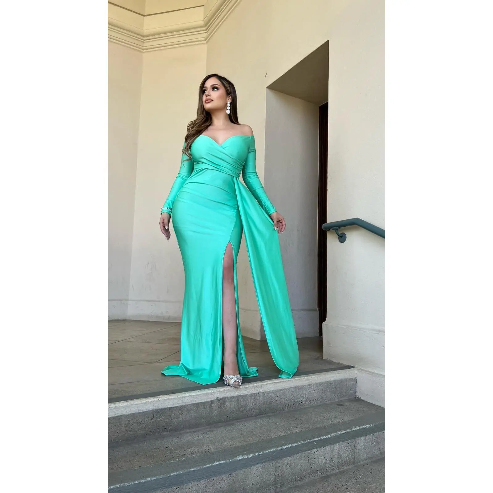 bridesmaids dresses with long sleeves A-Line/Princess V-Neck Long Sleeves Chiffon Long Bridesmaid Dresses With Ruffles Split Side Salmon