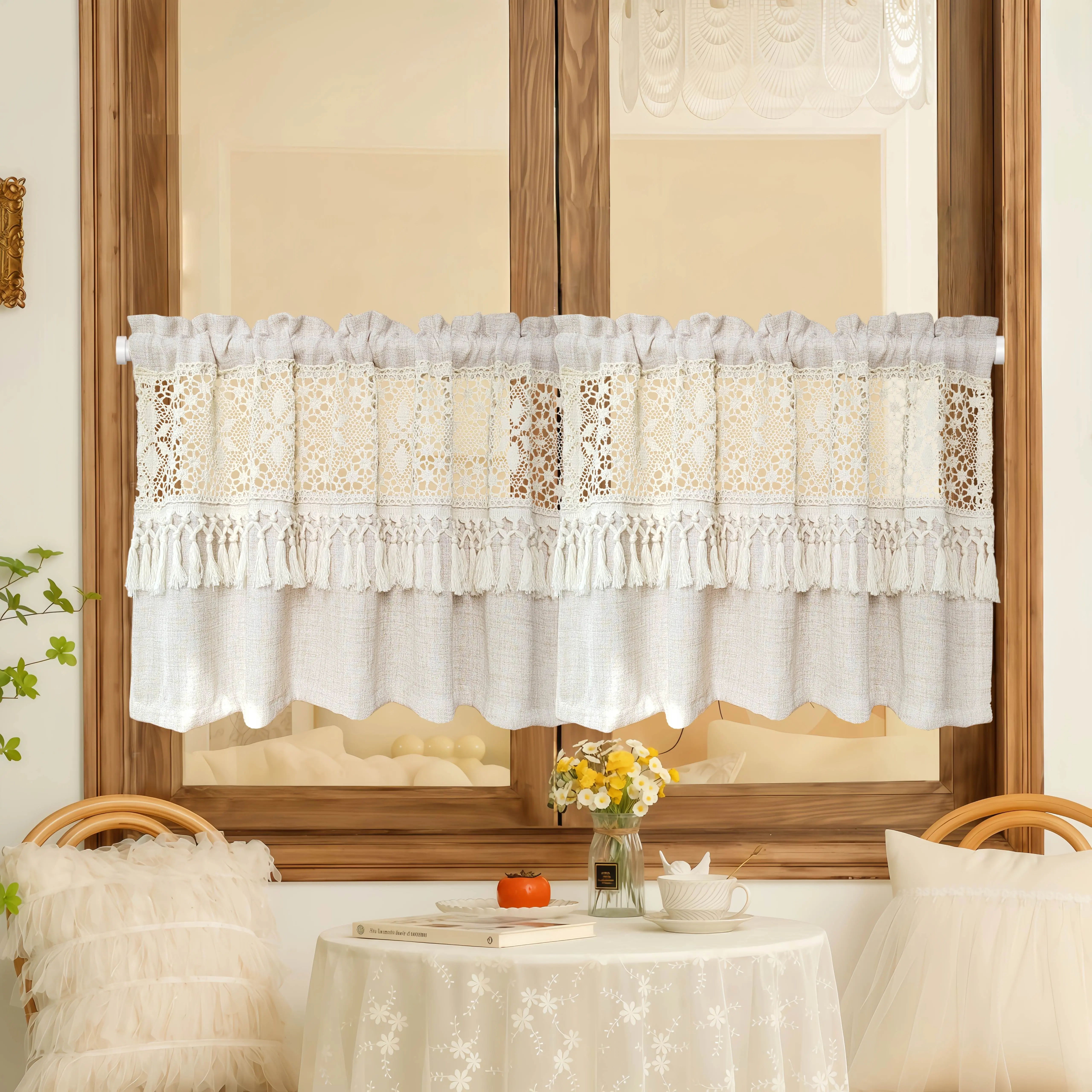 Boho Crochet Lace Sheer Valances for Window Kitchen Vintage Macrame Valances with Tassels for Dining Room Living Room Farmhouse Rustic Crochet Curtain Valance Rod Pocket 1 Panel