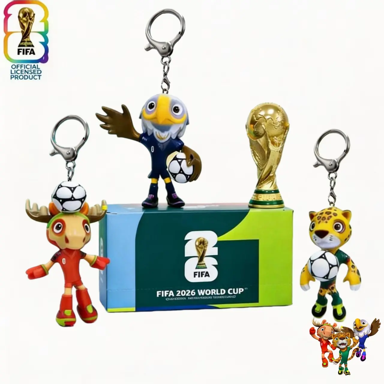 FIFA Official Licensed 2026 World Cup Mascot Keychain Set, 3-Pack Zinc Alloy Collectible Set with American Eagle, 6cm Football Fashion Souvenir, Attachment Keychains, Alloy Keychains