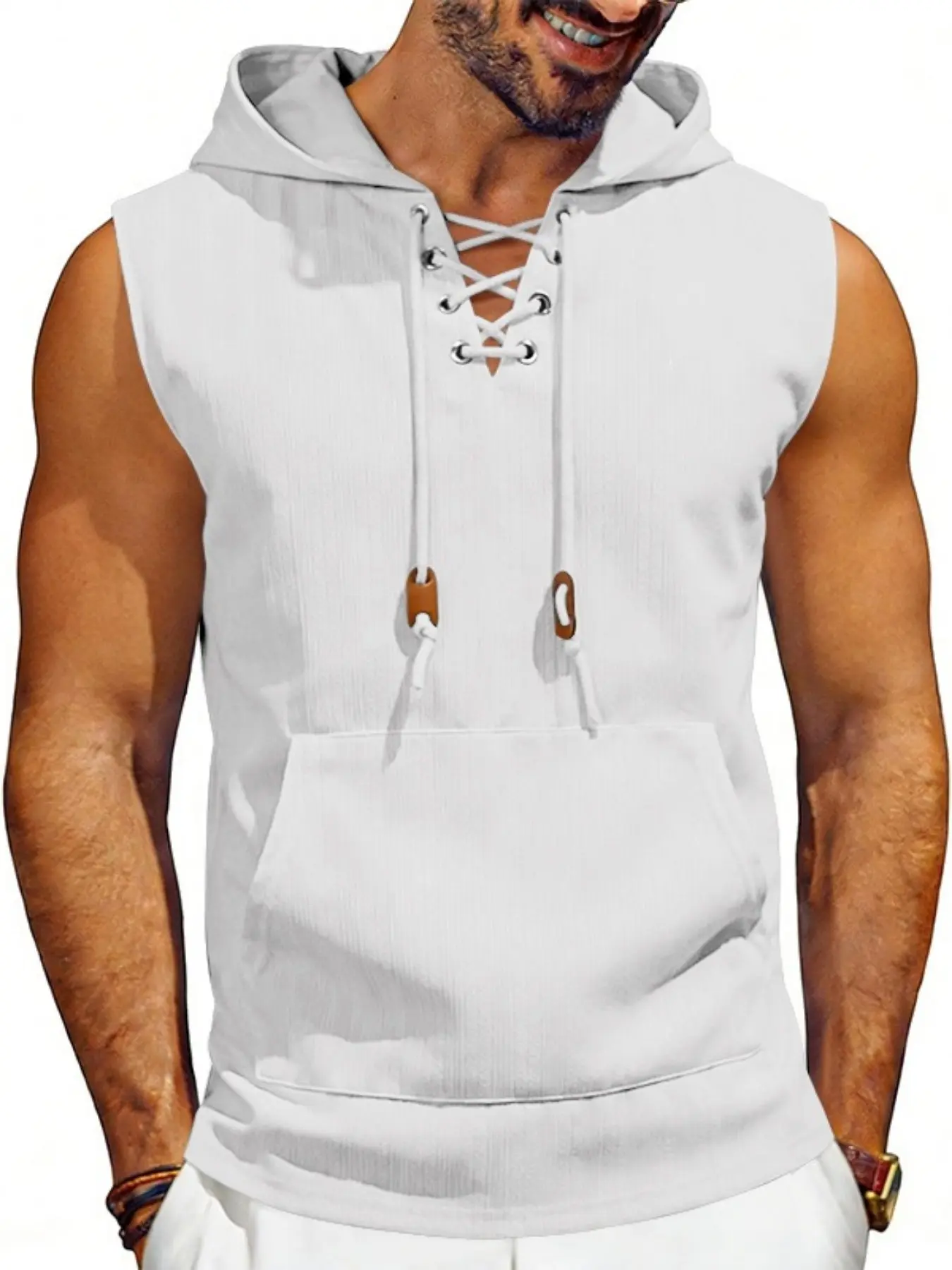 American Summer Short Loose Breathable Jacquard Sleeveless Hooded Vest, Trendy Casual Fashion Wear Sports Drawstring Sleeveless T-Shirt, in Stock Now Tops