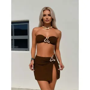 Bandeau Swimsuit Women Chocolate Brown - 2 Piece Bikini Set With Wrap Skirt; Gold Accent; Adjustable Straps; Beach Swimwear