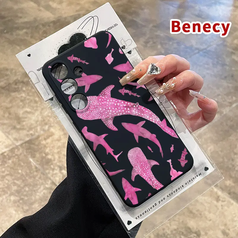 Marine Life Ink Art Sharks Pattern Straight Edge Phone Case Compatible with Galaxy S23  Ultra S24 Plus S25 S22+ Shockproof Full Camera Protection Durable Slim Liquid Silicone Cover Smartphone Casing