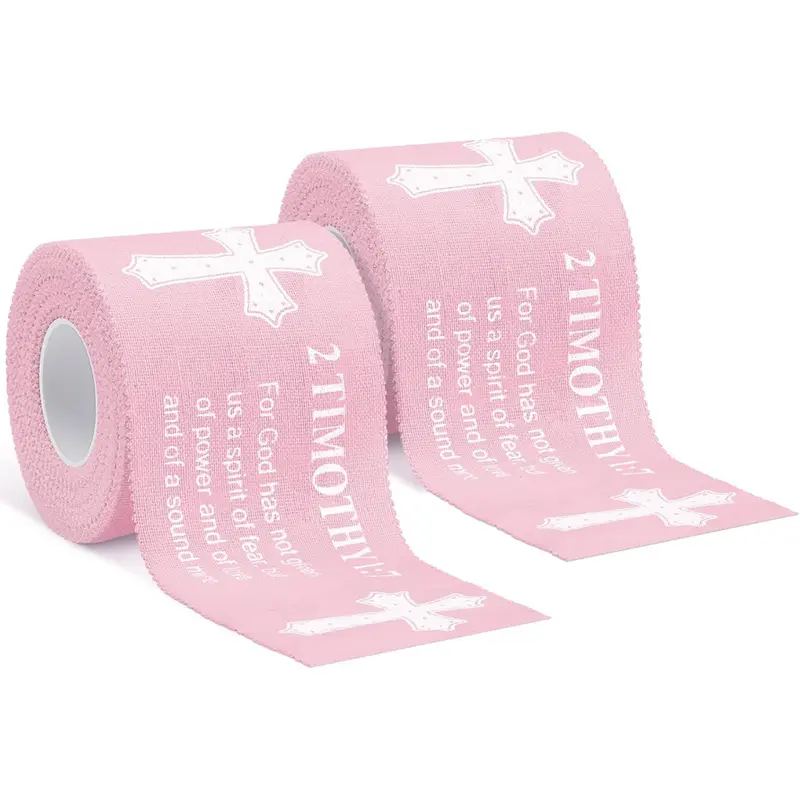 2 Pcs Cross Tape Christian Athletic Tape Sports Wrap 2in x 23ft Jesus Cotton Wrist Wrap for Sports Outdoors Pink Color Cotton Sports Tape with Christian Cross