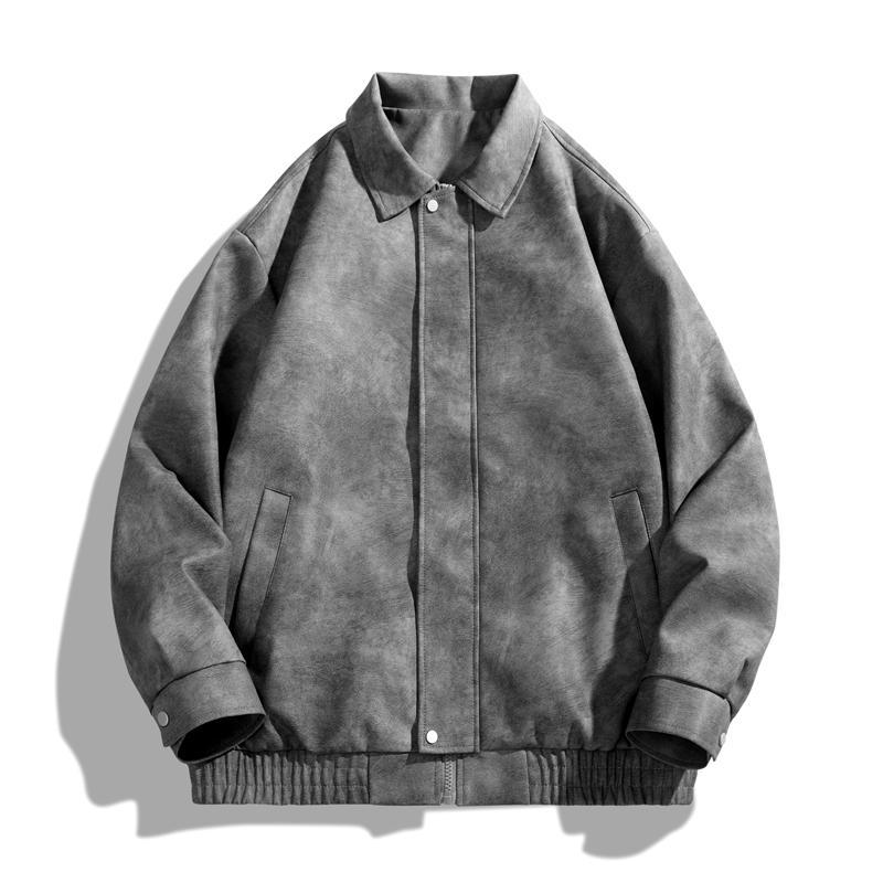 Academic Style American Vintage Solid Color Niche Design Motorcycle Flight Jacket PU Leather Coat Turn-down Collar Casual Loose Versatile Unisex Jacket Outerwear Long Sleeve Classic